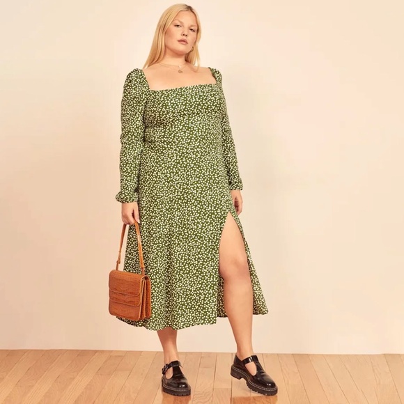 Reformation Sigmund Midi Dress in Green Moiret Print Size 14 - Picture 2 of 10